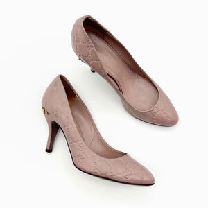 GUCCI Pink Elizabeth Heels Size 37 Horsebit Monogram Embossed Leather Guccisima